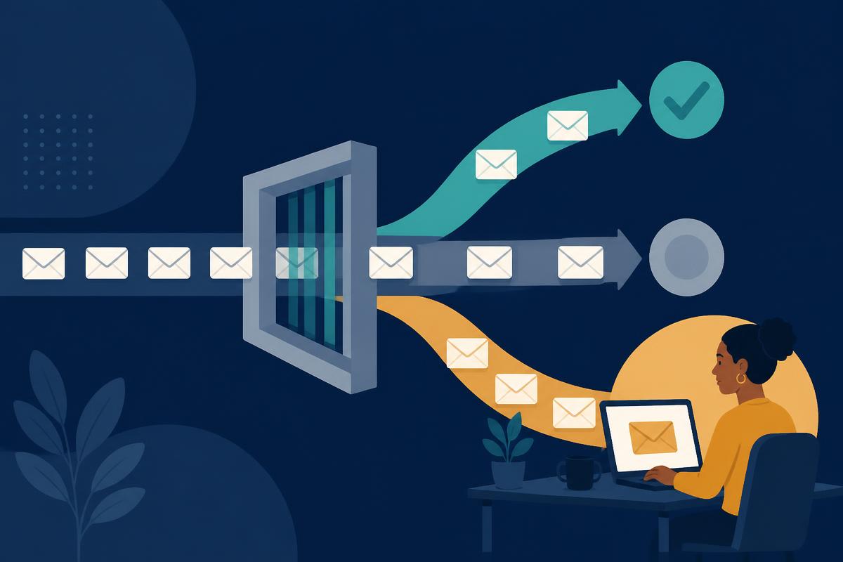 Bulk email workflow separating successful updates, unchanged records and exceptions for human reconciliation.