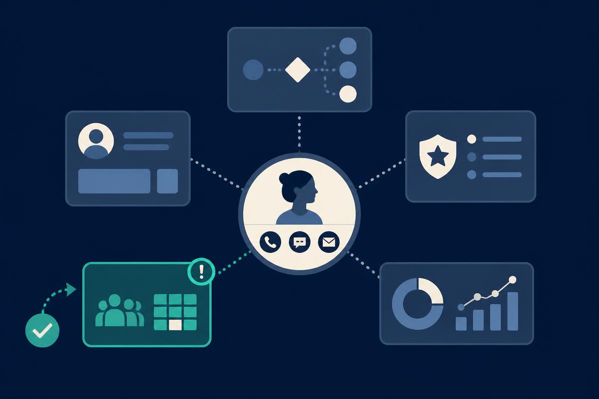 Contact-center interaction being reconciled across routing, CRM, Quality Management, WFM and analytics systems.