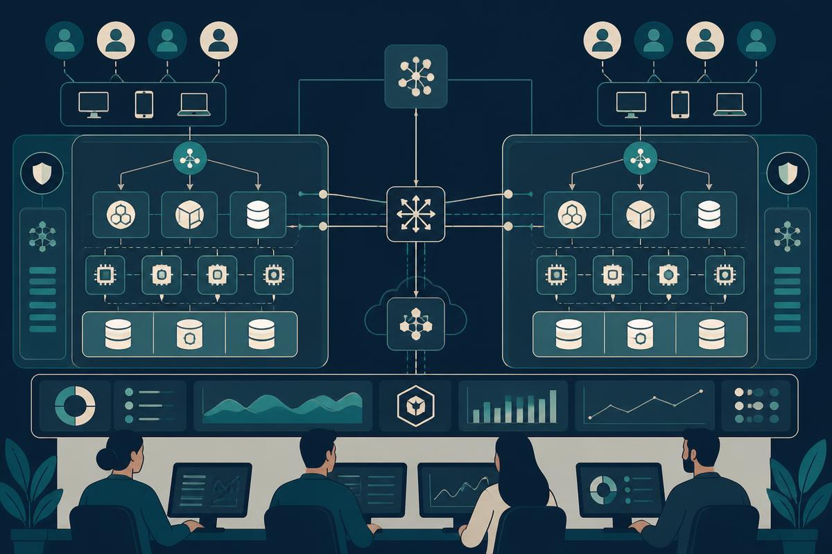 Two active contact-center regions routing live customer work with unified analytics and controlled failover.