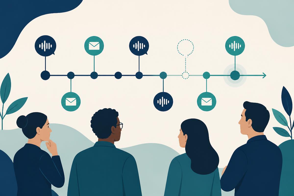 Cross-channel interactions and transcripts forming a customer timeline while inferred satisfaction remains separate from verified resolution.