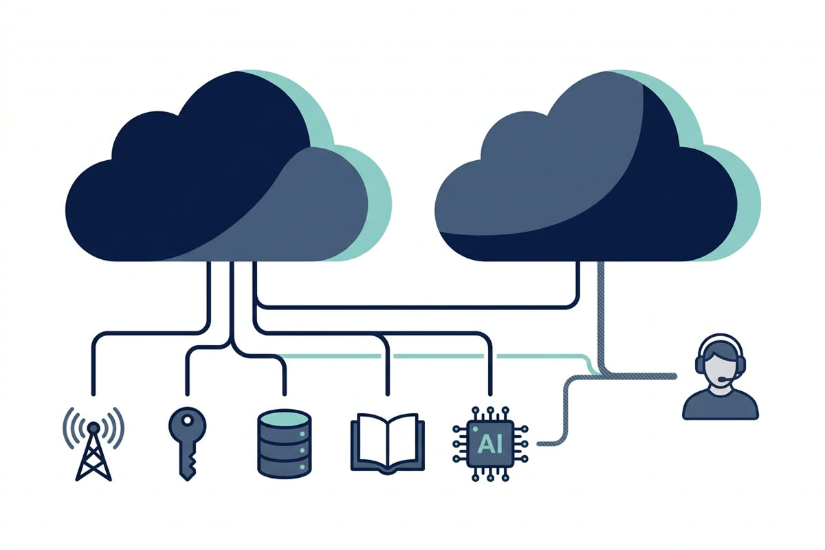 Active-region contact-center architecture connected to carrier, identity, CRM, knowledge, AI and human recovery dependencies.