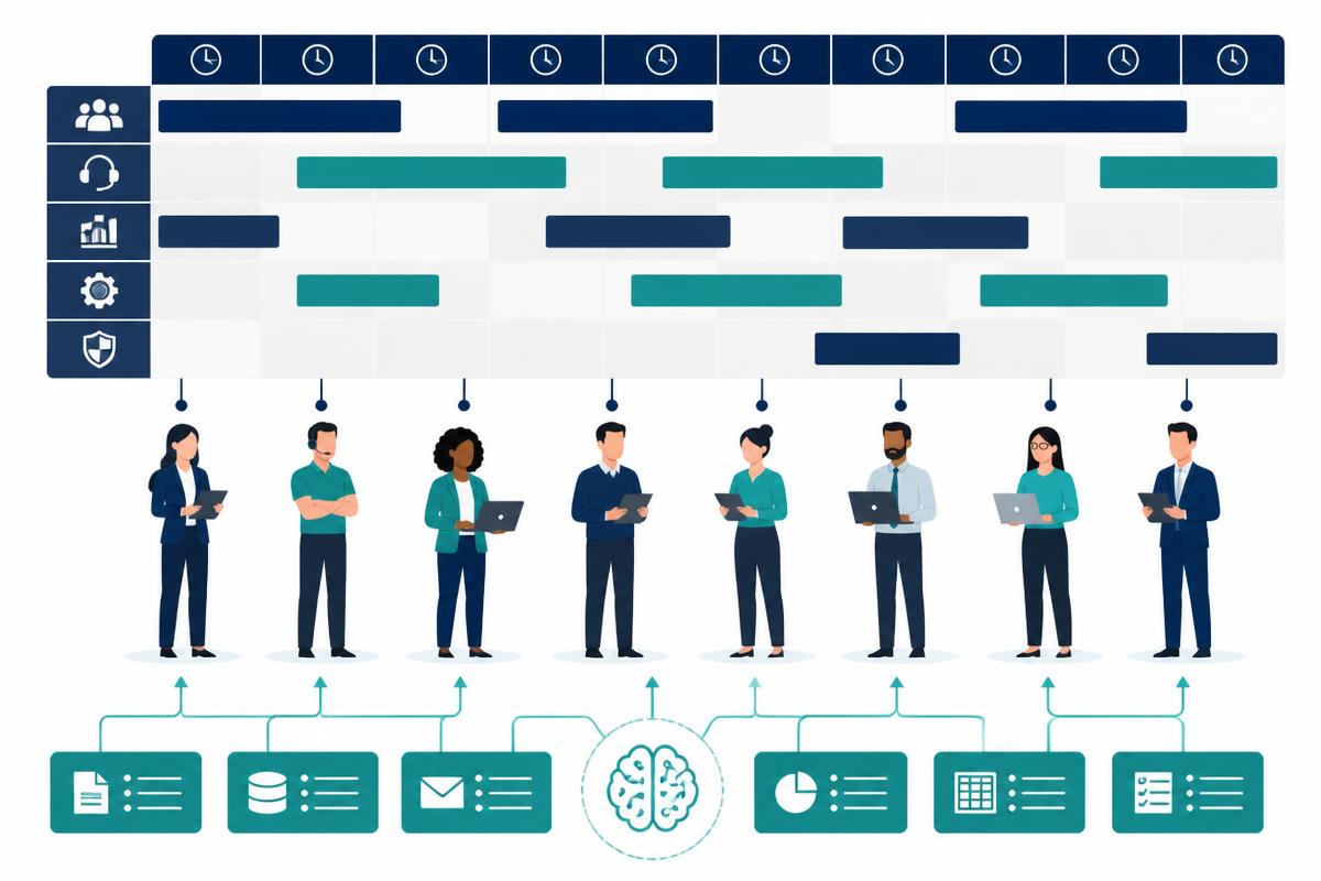 Integrated contact-center workforce plan showing human agents, AI workloads, escalations, skills, and capacity requirements.
