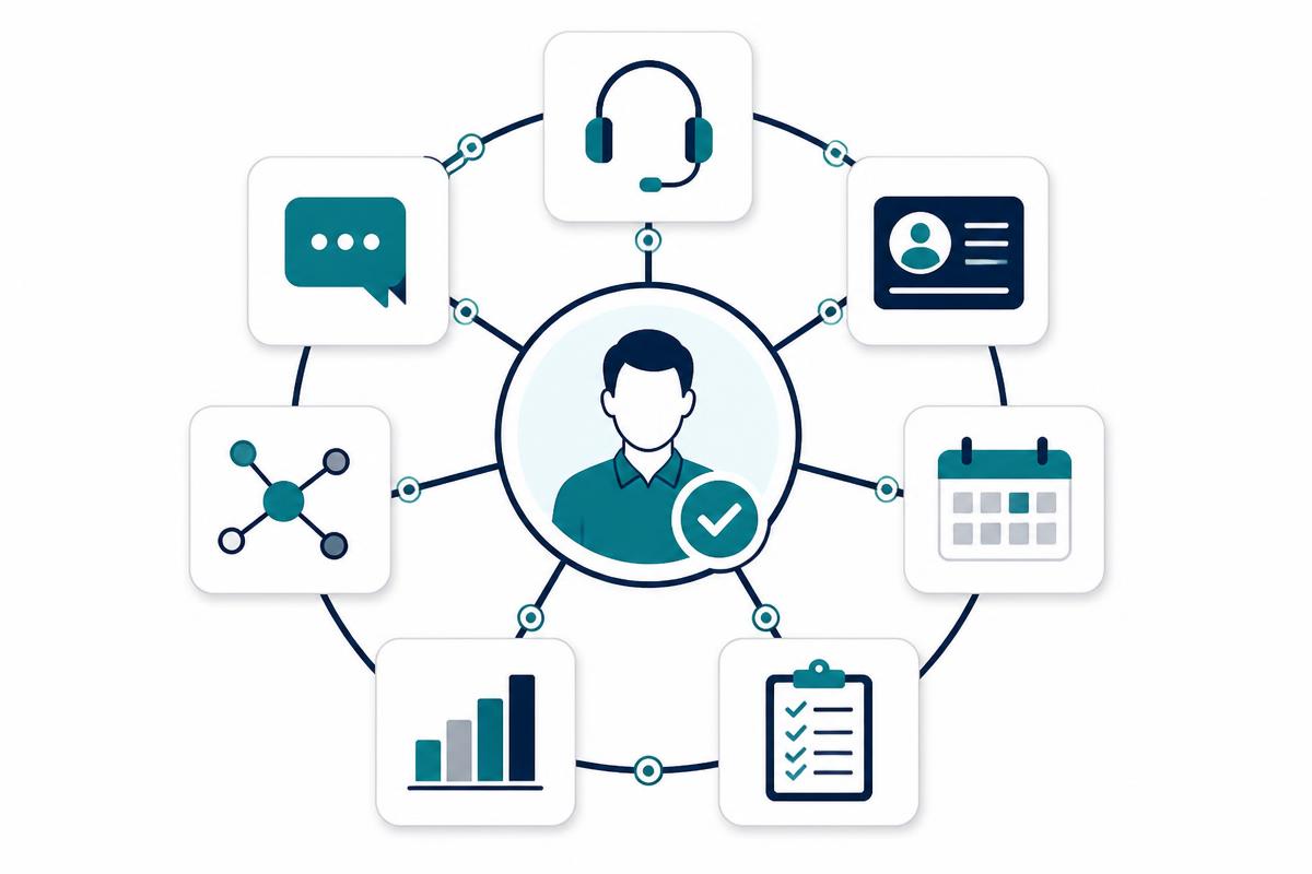 Modular CX technology architecture connecting CCaaS, CRM, WFM, Quality Management, analytics, and AI around customer outcomes.